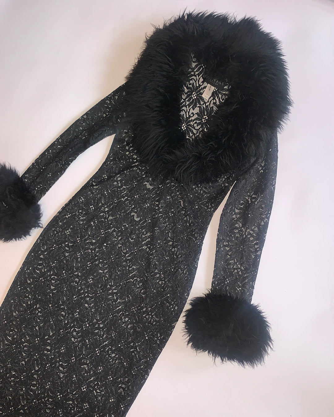Catwalk Collection Black Lace Sheepskin Maxi Dress