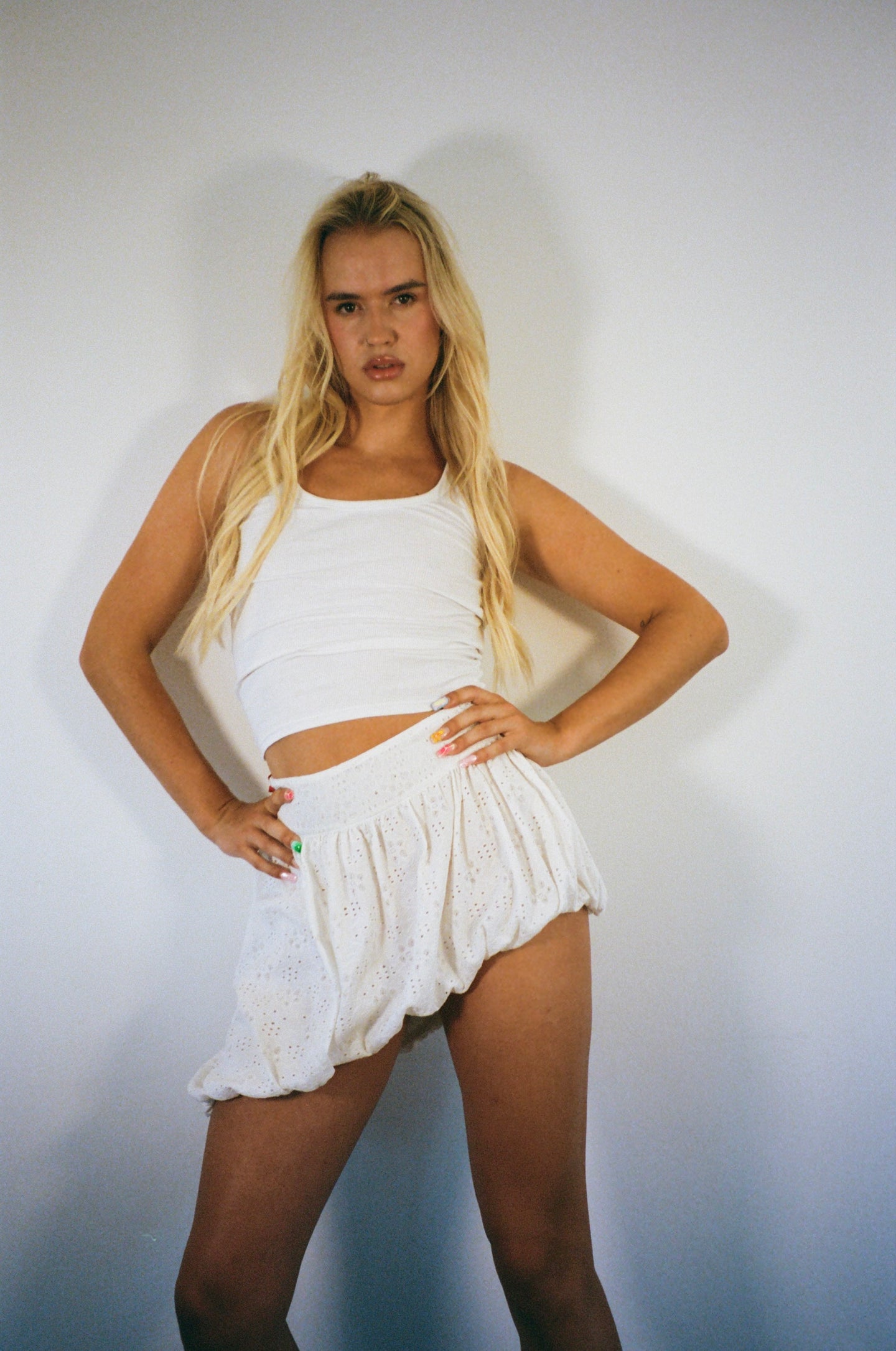 Vintage Y2K White Puffball Embroidery Anglaise Skirt