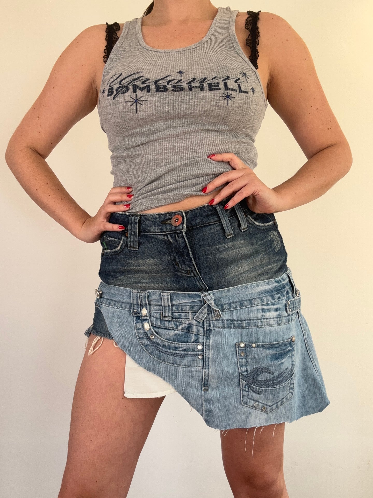Vintage Y2K Denim Rework Double Frayed Skirt