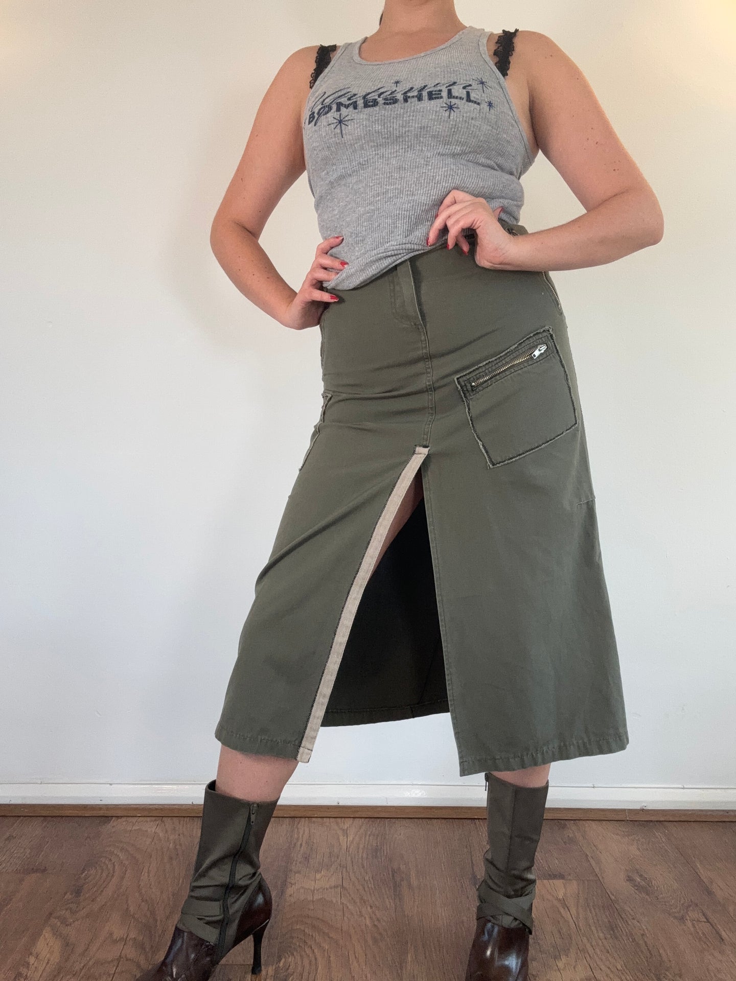 Vintage Y2K Khaki Cargo Midi Skirt