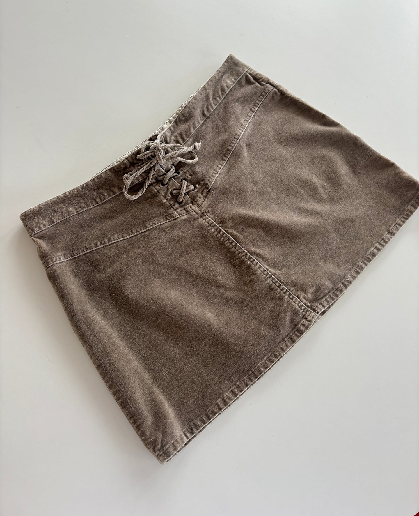 Vintage Y2K Velvet Beige Lace up Mini Skirt