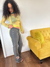 Load image into Gallery viewer, Vintage Y2K Cross Gem Statement Kick Flare Jeans
