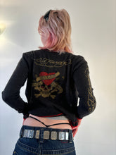 Load image into Gallery viewer, Vintage Y2K Ed Hardy Knit Grey Diamante Skull Cardigan
