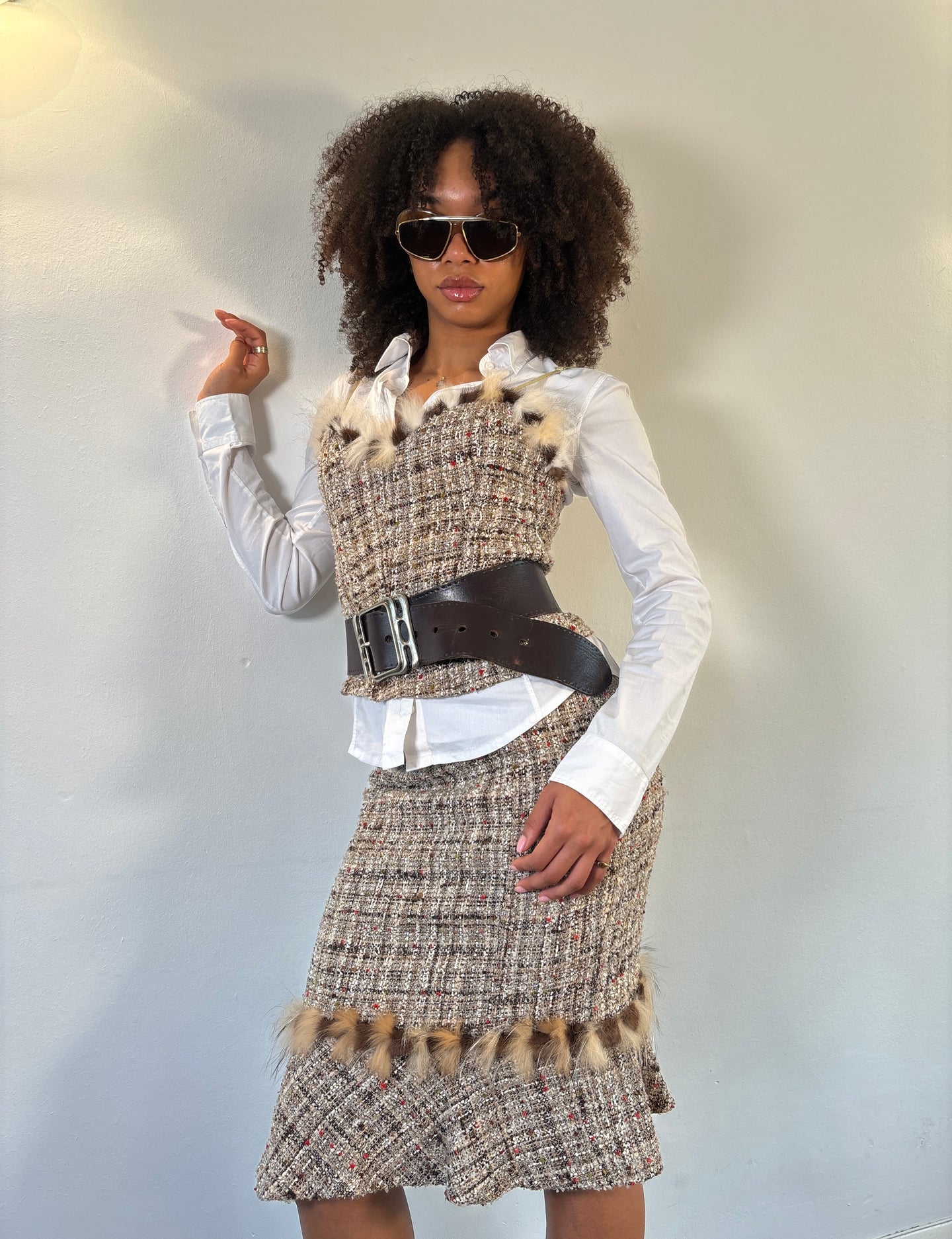 Vintage Y2K Tweed Top & Skirt with fur trim Suit