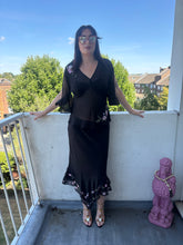 Load image into Gallery viewer, Vintage Y2K Black Sheer embroidered floral beaded split sleeve co-ord two piece skirt suit
