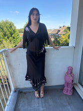 Load image into Gallery viewer, Vintage Y2K Black Sheer embroidered floral beaded split sleeve co-ord two piece skirt suit

