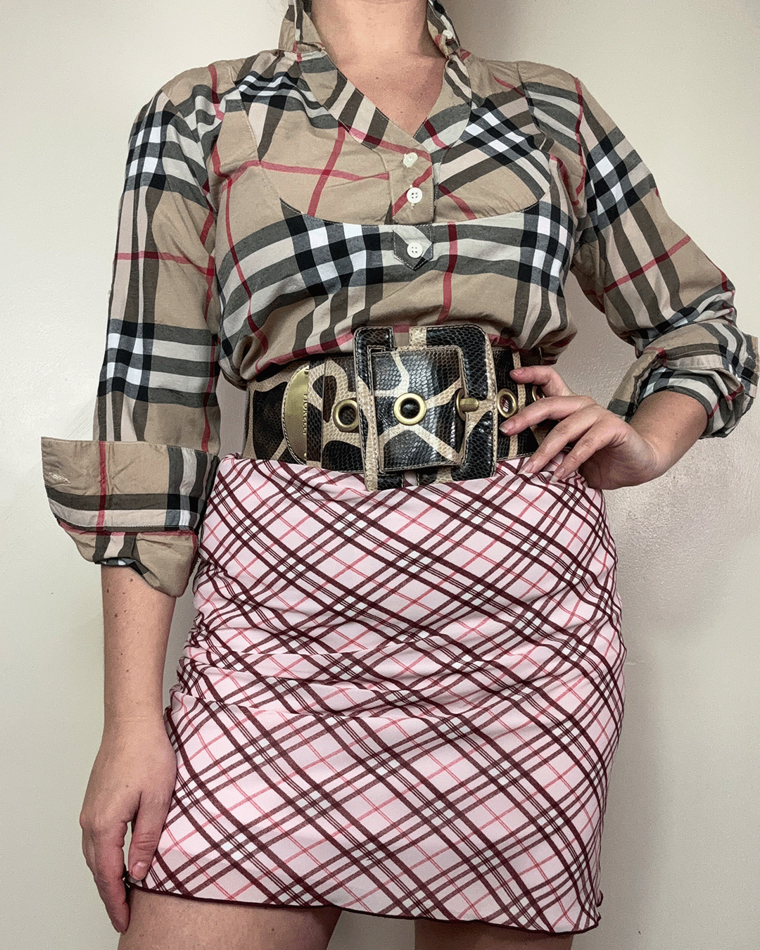 Vintage Y2K pink diagonal check midi skirt