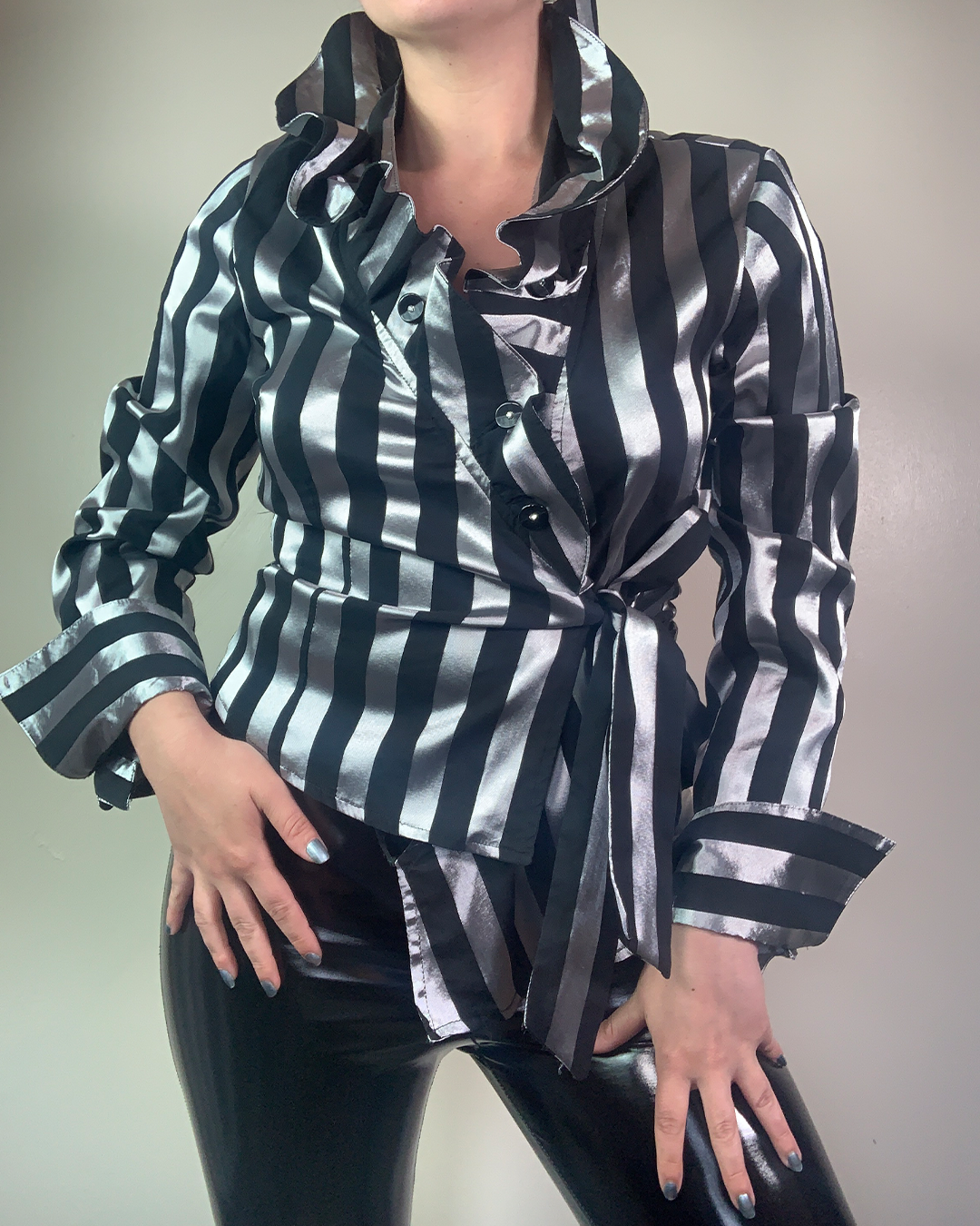 Vintage Y2K Black and Silver Metallic Striped Blouse