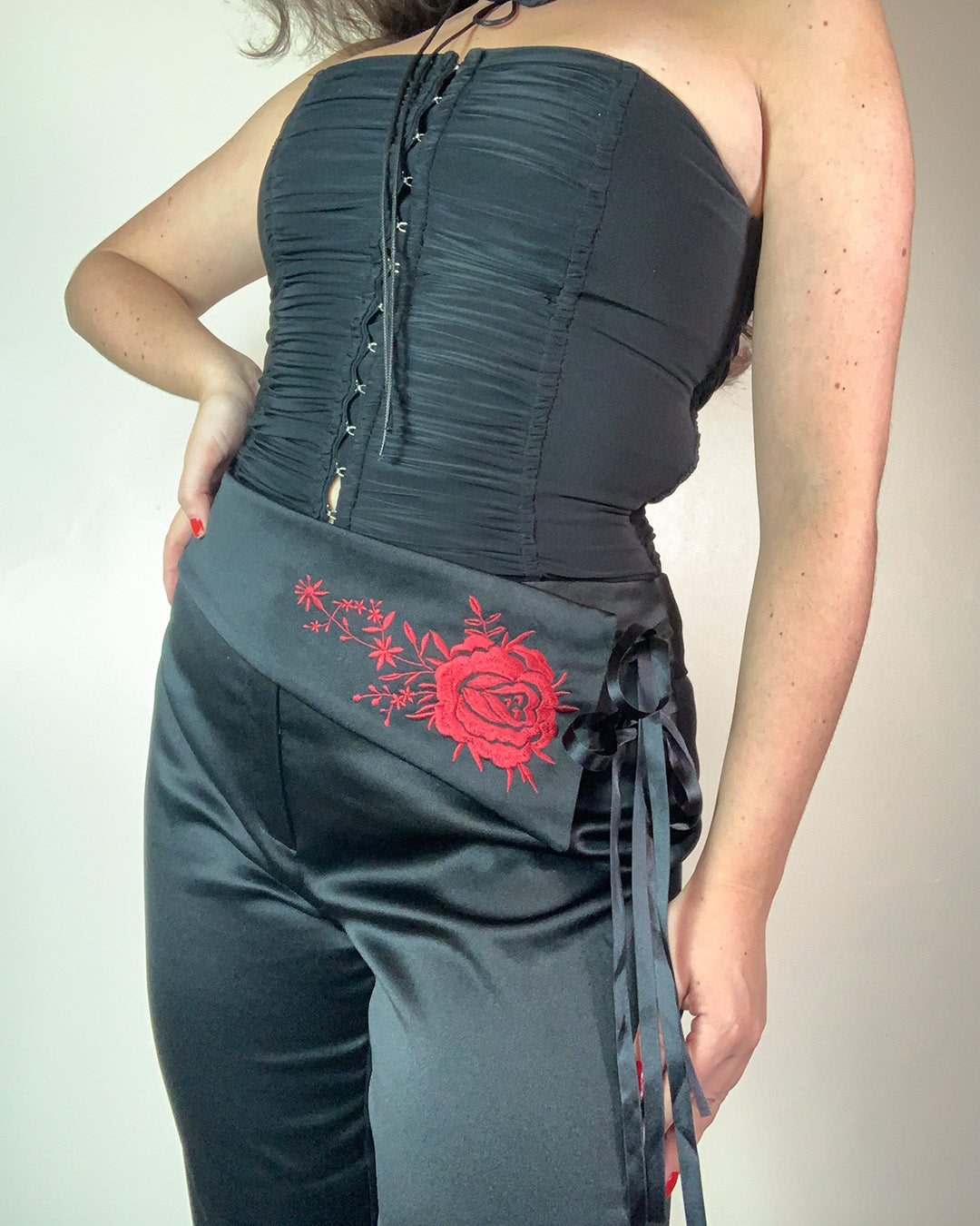 Vintage Y2K Black Side Tie Rose Trousers