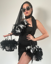 Load image into Gallery viewer, Vintage 80s black and white feather sheer scarf and bag
