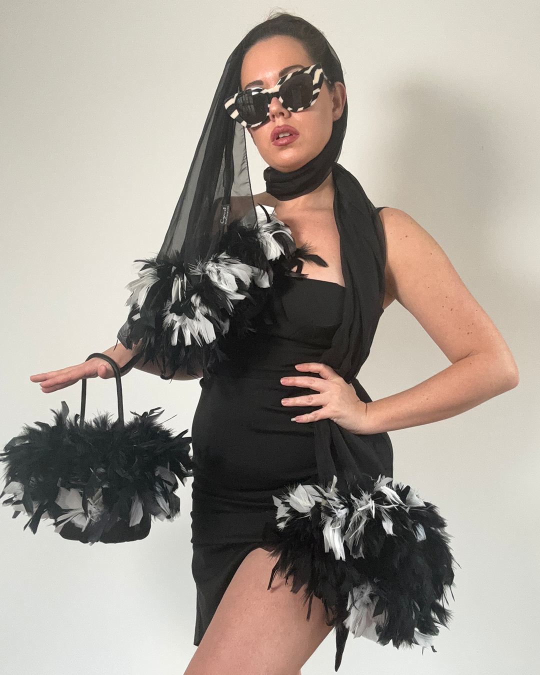 Vintage 80s black and white feather sheer scarf and bag