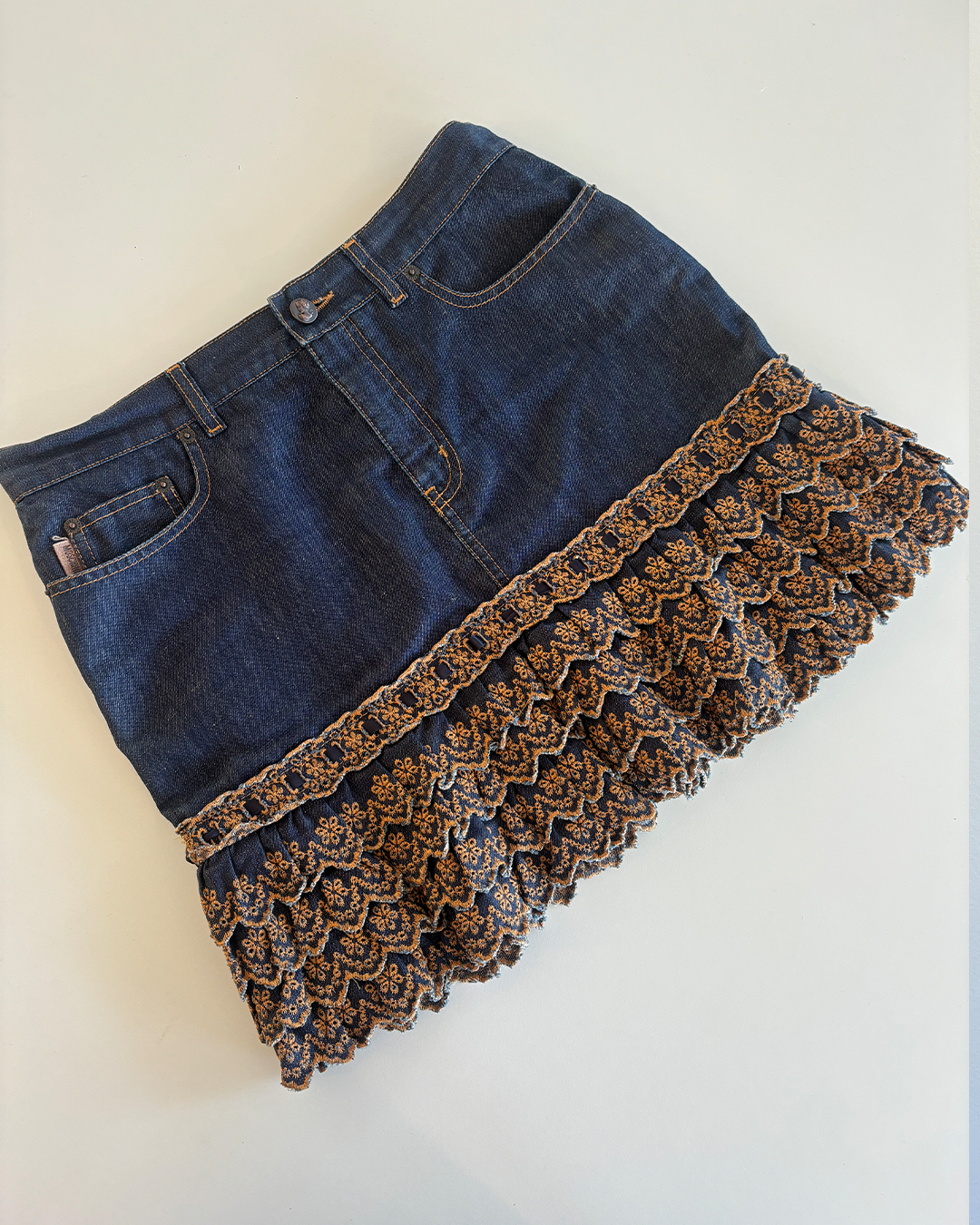 Vintage Y2K Moschino Denim Embroidery Anglaise Frill Skirt