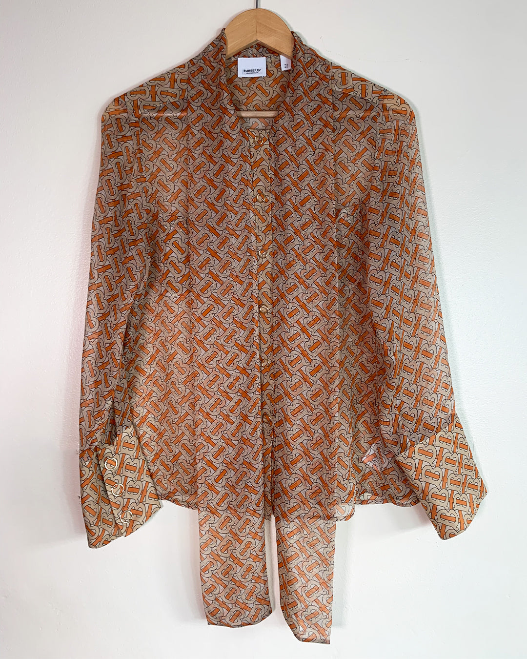 Burberry Motif Sheer Pussy Bow Blouse Top