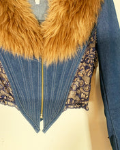 Load image into Gallery viewer, Catwalk Collection Denim Lace Fur Corset Jacket
