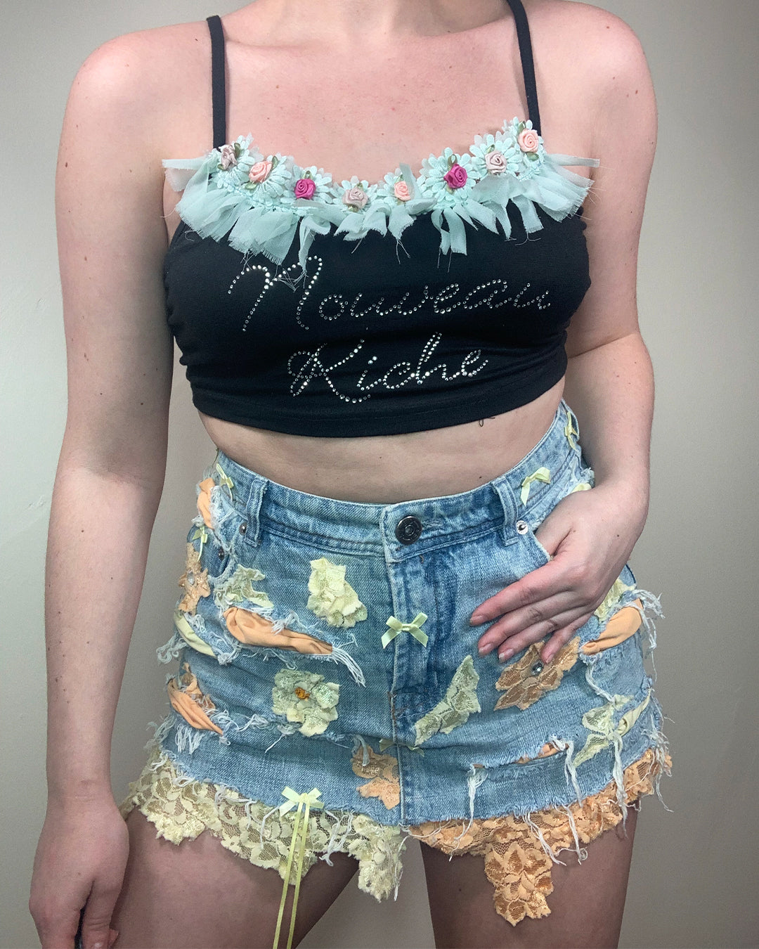 Vintage Y2K Denim Lace Ribbon Bow Mini Skirt
