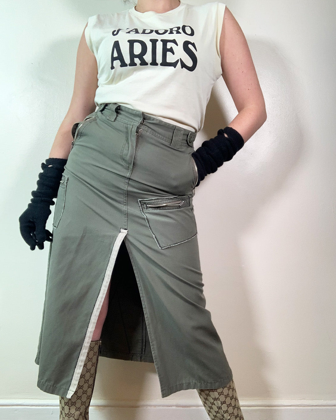 Vintage Y2K Khaki Cargo Midi Skirt